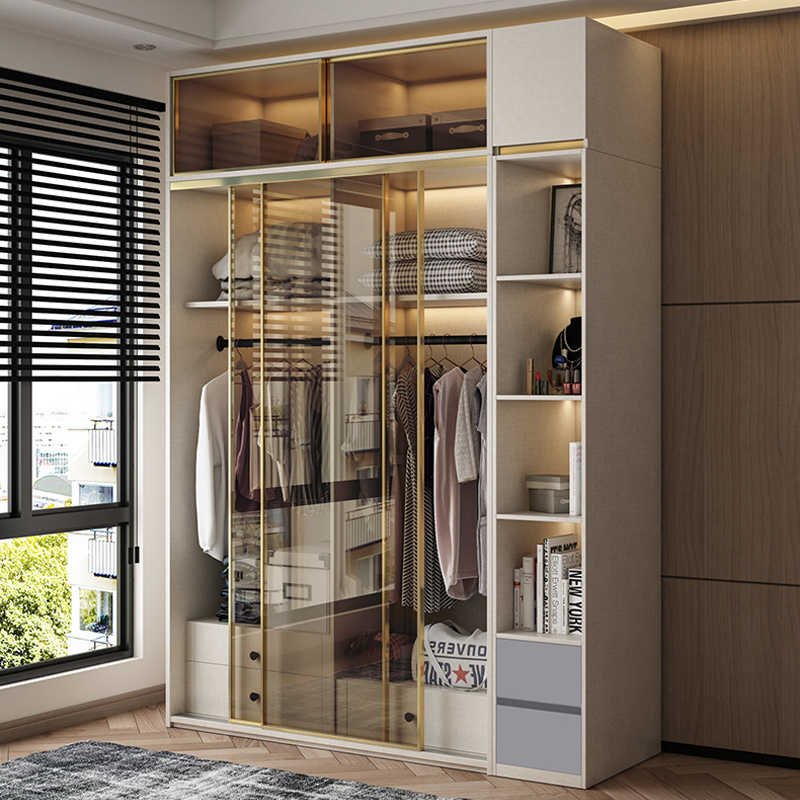 Minimalist Design Glass Sliding Door Combination Bedroom Storage Cabinet Wardrobe Closet