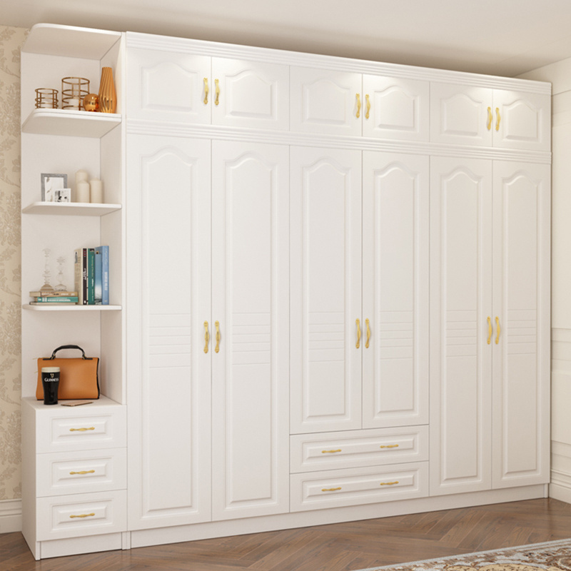 Bedroom European Style Wardrobe Six Doors With Top Cabinet Light Luxury Wind Cream White Closet Overall Cabinet