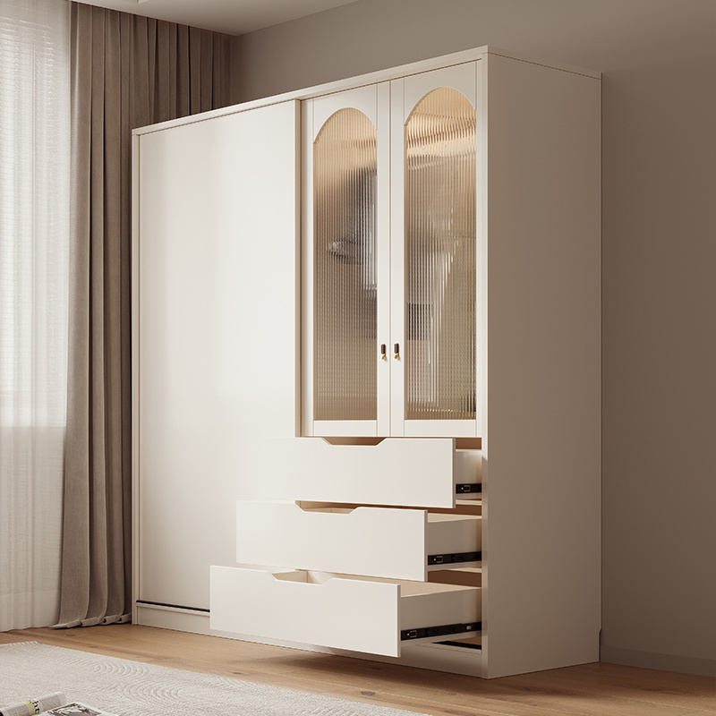 French Cream Wind Sliding Door Closet Desk Integrated Corner Small Household Bedroom Storage Cabinet Solid Wood Wardrobe