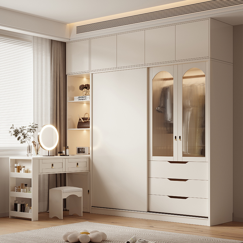 French Cream Wind Sliding Door Closet Desk Integrated Corner Small Household Bedroom Storage Cabinet Solid Wood Wardrobe