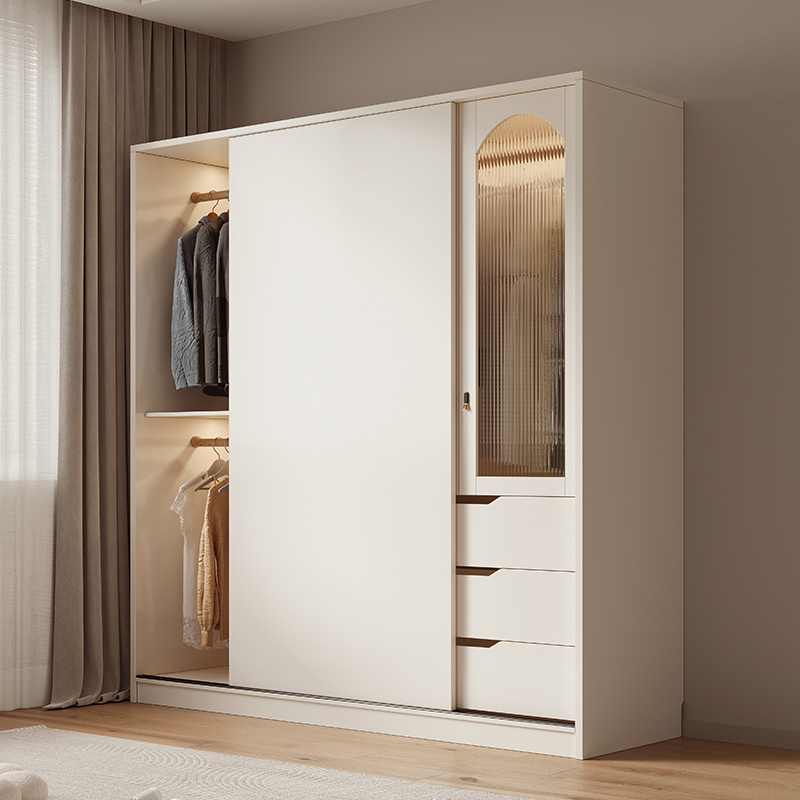 French Cream Wind Sliding Door Closet Desk Integrated Corner Small Household Bedroom Storage Cabinet Solid Wood Wardrobe