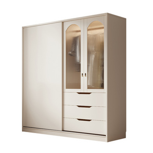 French Cream Wind Sliding Door Closet Desk Integrated Corner Small Household Bedroom Storage Cabinet Solid Wood Wardrobe