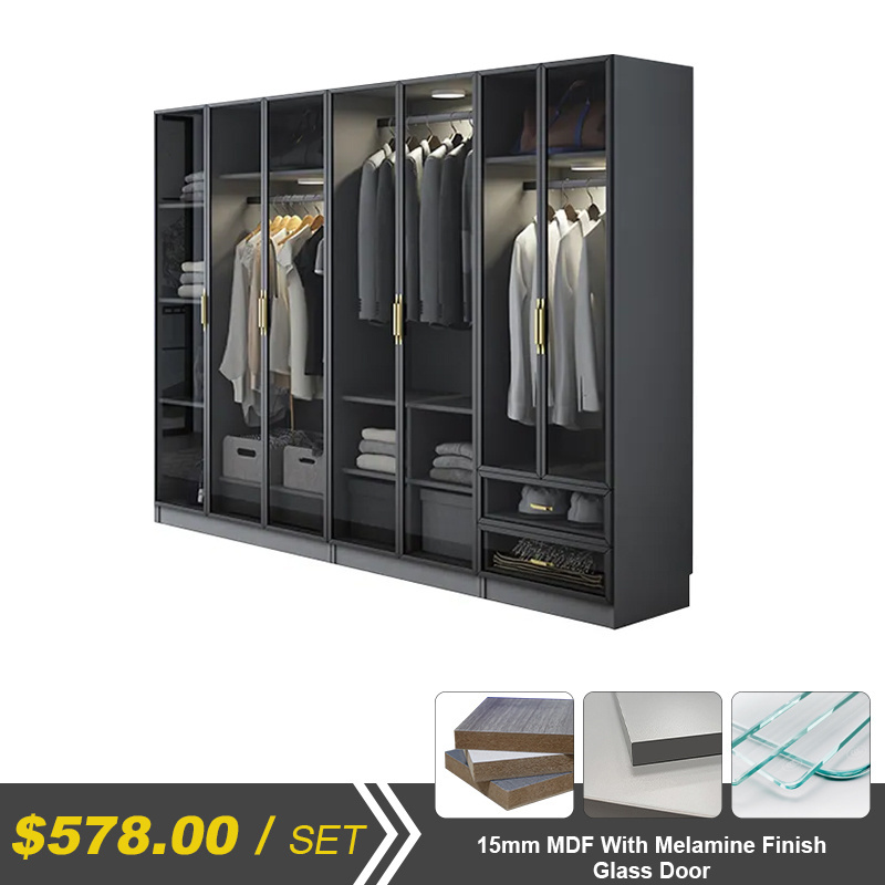 Light Luxury Glass Door Wardrobe/modern Bedroom Furniture Home Furniture Modern Bedroom,storage & Closet E1 MDF + Glass