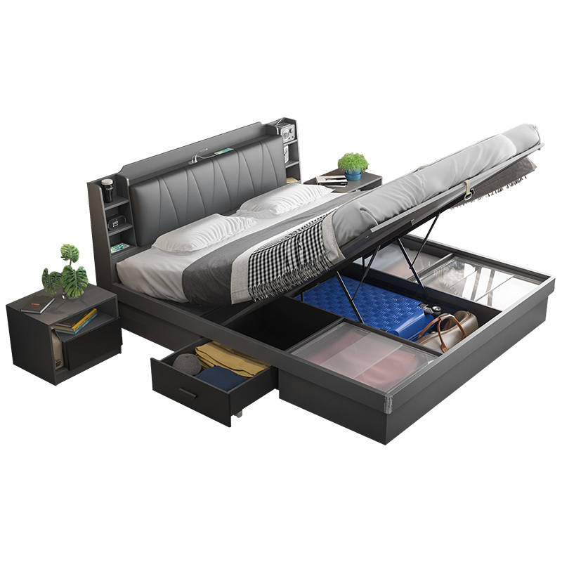 Modern Nordic Simple High Box Storage Bed 1.5/1.8 M Multifunctional Double Queen/Single Wooden Metal Folding Home Bedroom Use