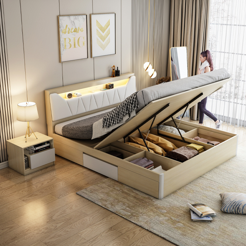 Multi-layer Solid Wood Panel With Led Light High Box King Bed With Drawers Under The Bed For Storage Space