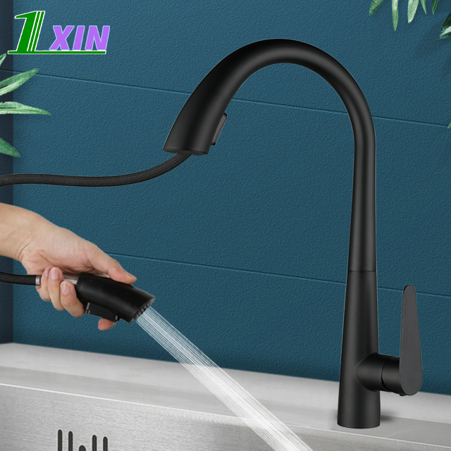 SUS304 stainless steel pull down 360 Rotation water tap Single Handle sink  elegant black pull out kitchen faucet