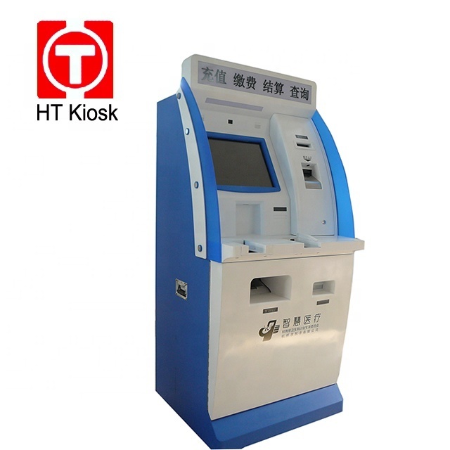 Hospital cash in and out touch monitor cash acceptor coin dispenser machine 16 keys pin pad payment kiosk