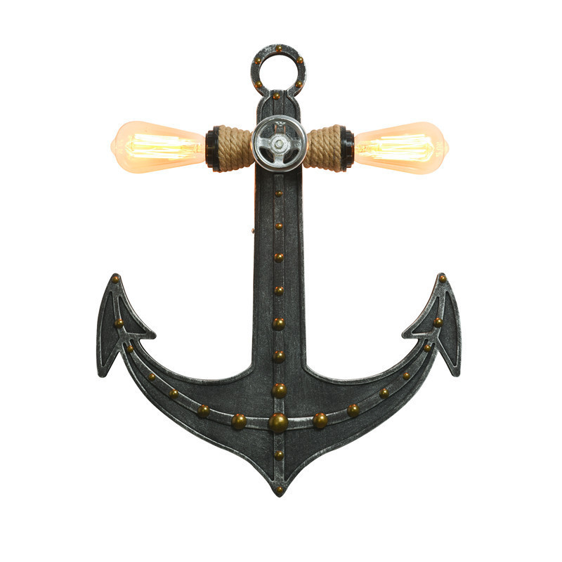 Industrial Vintage Nautical Anchor Sconce Lights Iron 2 Heads Wall Light Fixture with Wooden Base Creative Wall Lamp