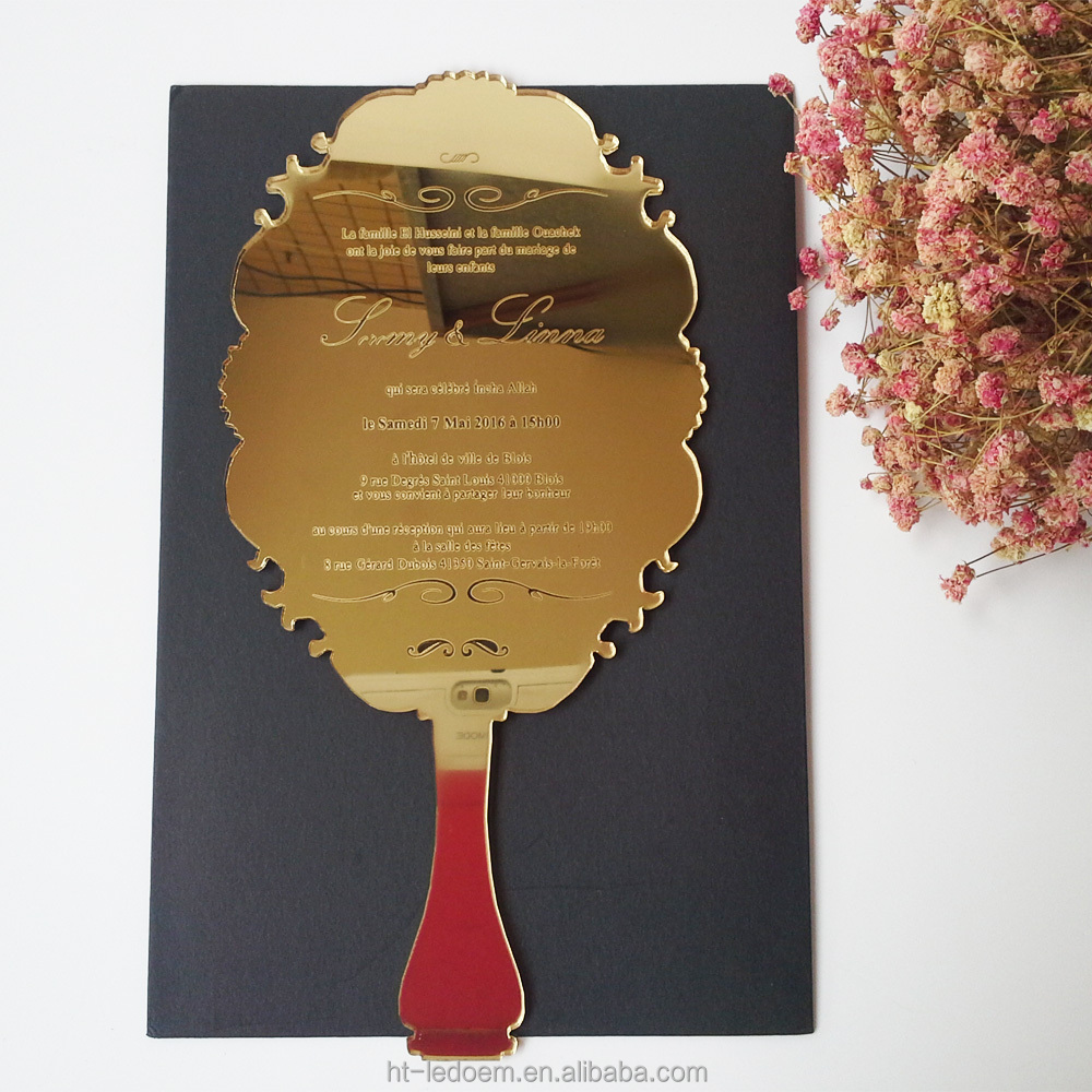 High Quality Handheld Mirror Shaped 123*238mm Laser Engraved Letters Golden Mirror Acrylic Wedding Invitation Card