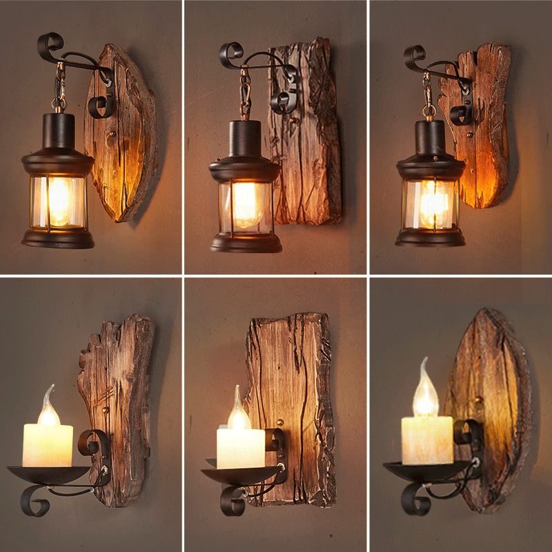 Industrial Farmhouse Wall Sconce Lighting Fixture Wooden Base Indoor Rustic Wall Lamp Light