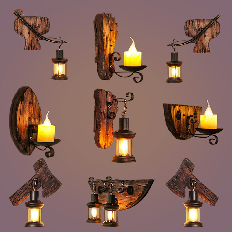 Industrial Farmhouse Wall Sconce Lighting Fixture Wooden Base Indoor Rustic Wall Lamp Light