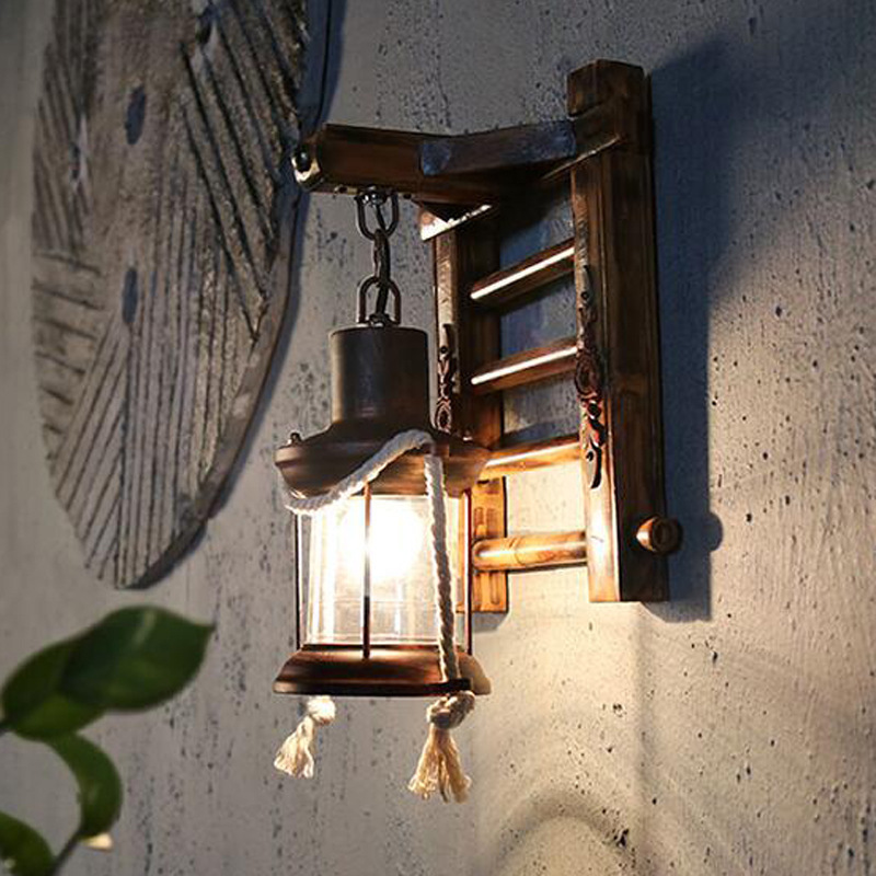 Industrial Farmhouse Wall Sconce Lighting Fixture Wooden Base Indoor Rustic Wall Lamp Light