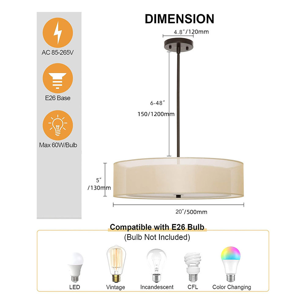 180W 20inch Semi-Flush Mount Drum Ceiling Lamp Fixture 3 Light Double Drum Pendant Light Modern Hanging Lights Chandelier