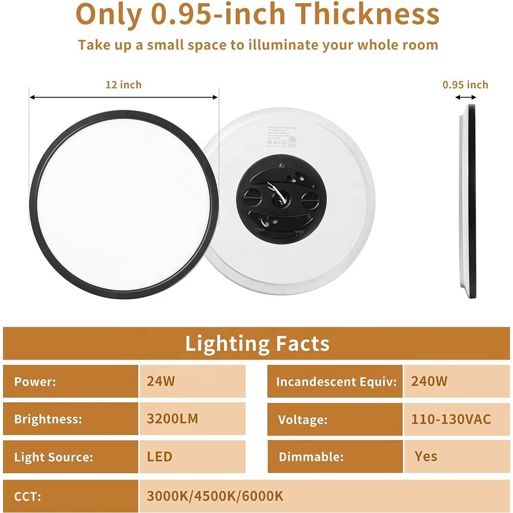 Super Slim 3200LM 24W 12Inch LED Ceiling Lights Flush Mount Dimmable Low Profile Surface Mount Light Fixtures