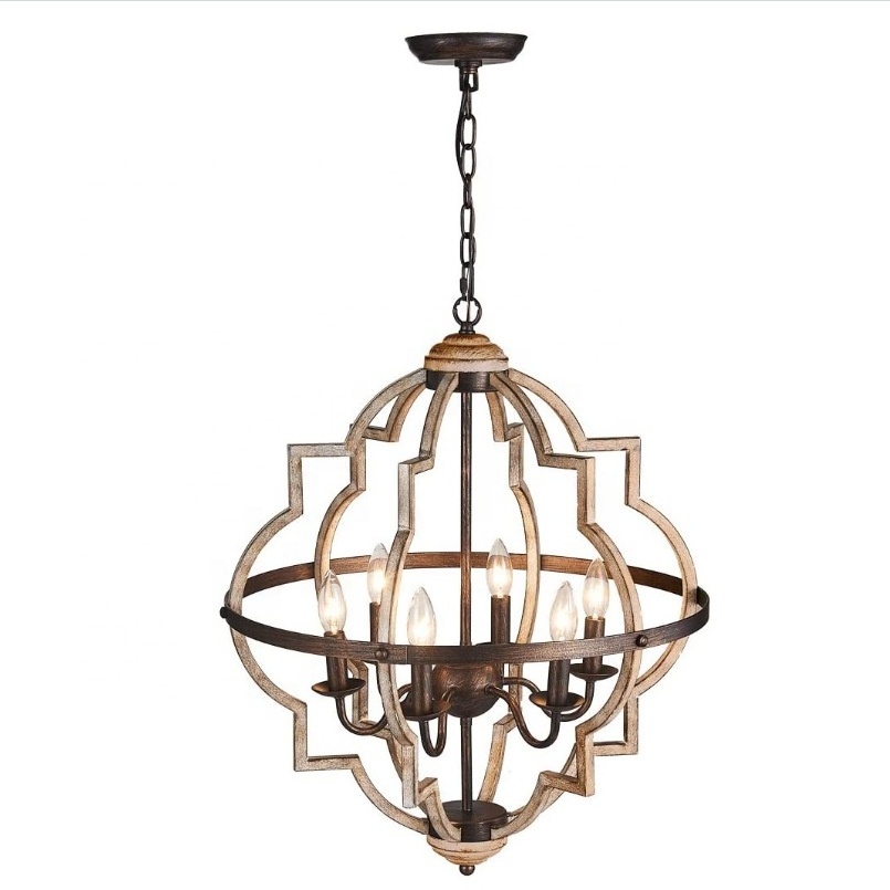 Custom 6-Lights Distressed Oak Finish Farmhouse Chandelier Light Fixture Rustic Globe Pendant Light H29xD21inch Chain Adjustable