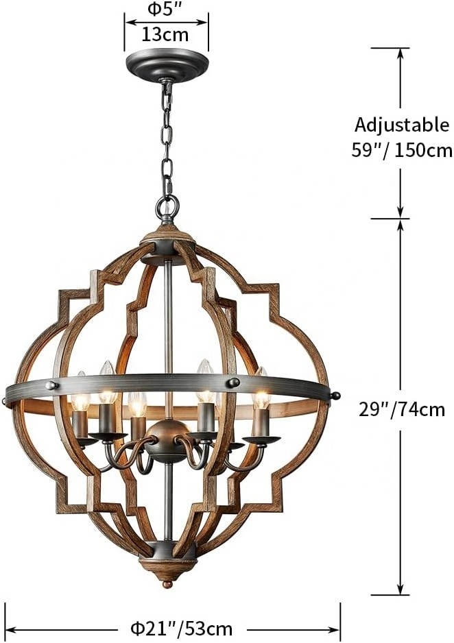 Custom 6-Lights Distressed Oak Finish Farmhouse Chandelier Light Fixture Rustic Globe Pendant Light H29xD21inch Chain Adjustable