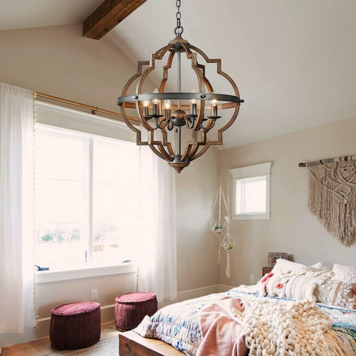 Custom 6-Lights Distressed Oak Finish Farmhouse Chandelier Light Fixture Rustic Globe Pendant Light H29xD21inch Chain Adjustable