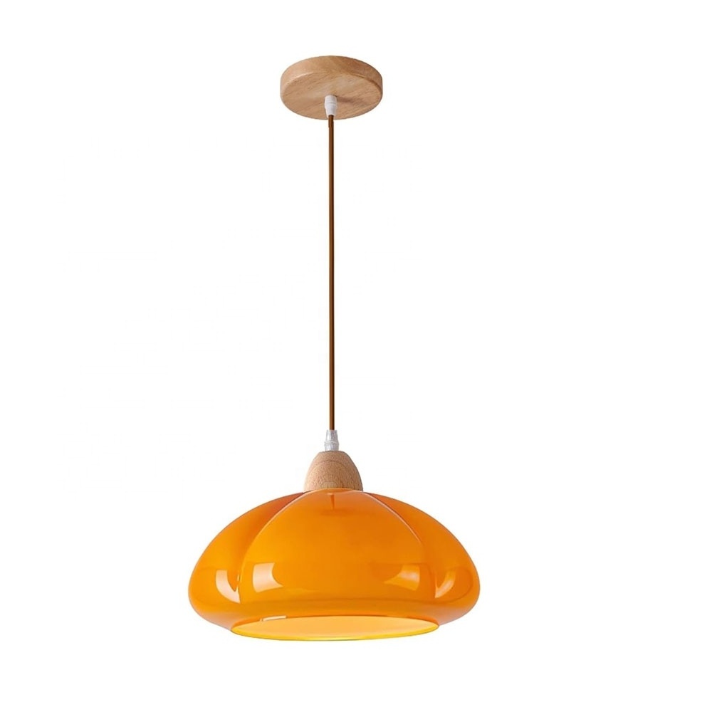 Nordic Cream Style Glass Pendant Light Pumpkin Shade Ceiling Hanging Light Minimalist Wood Kitchen Island Pendant Chandelier