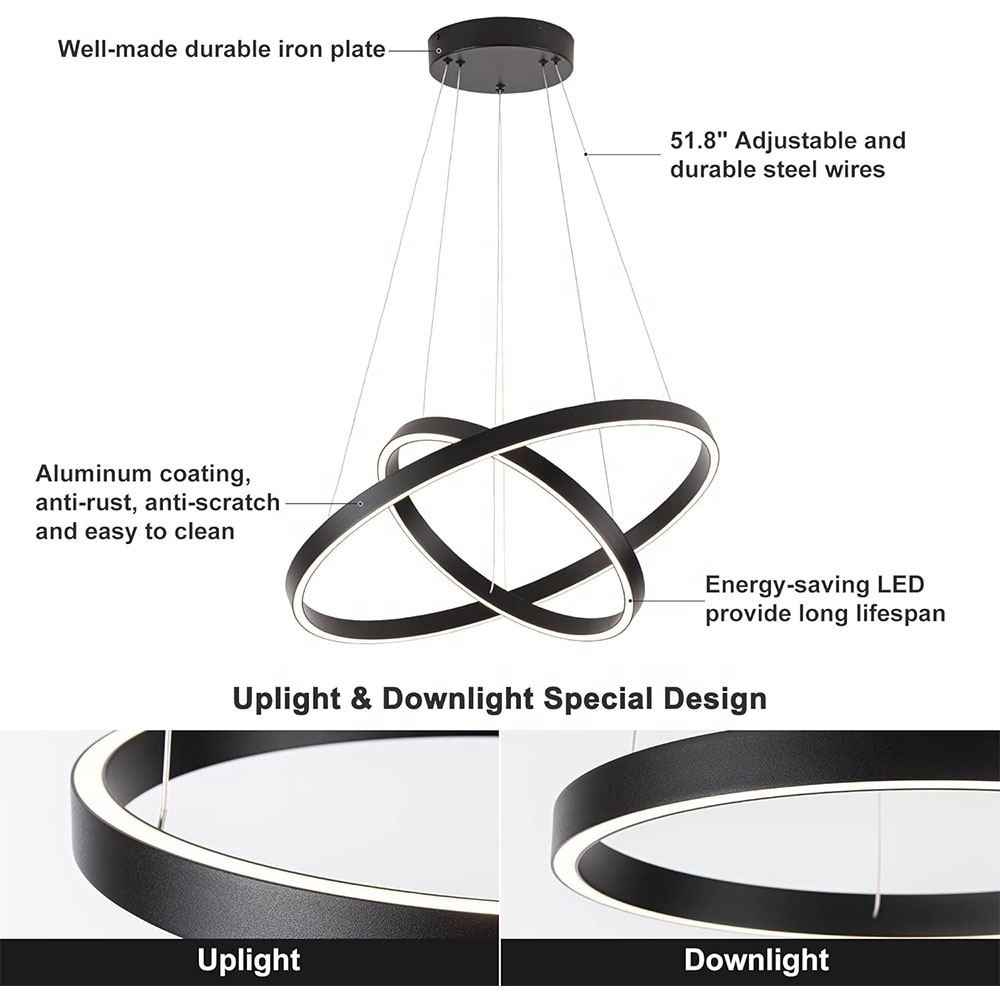 72W Modern Led Chandelier 2 Rings Contemporary Chandelier Circular Pendant Light Black Dimmable Hanging Ceiling Light Fixture