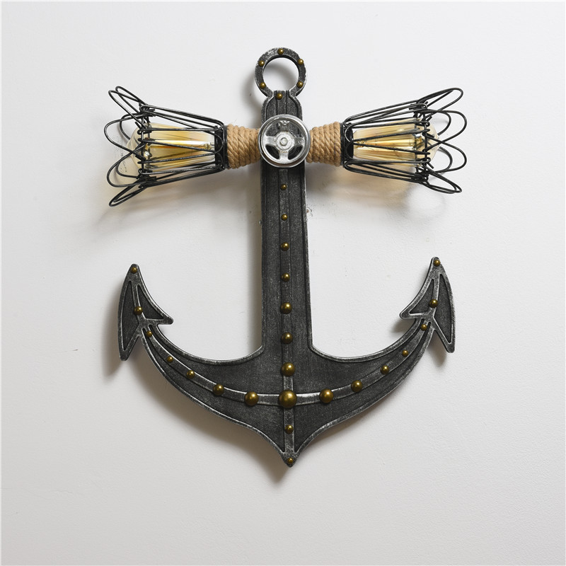 Industrial Vintage Nautical Anchor Sconce Lights Iron 2 Heads Wall Light Fixture with Wooden Base Creative Wall Lamp