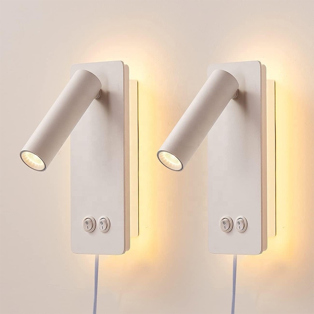 LED Reading Wall Lights Night Wall Lamp Plug in Cord Adjustable Wall Sconces Backlight 6W+3W 3000k Warm Light