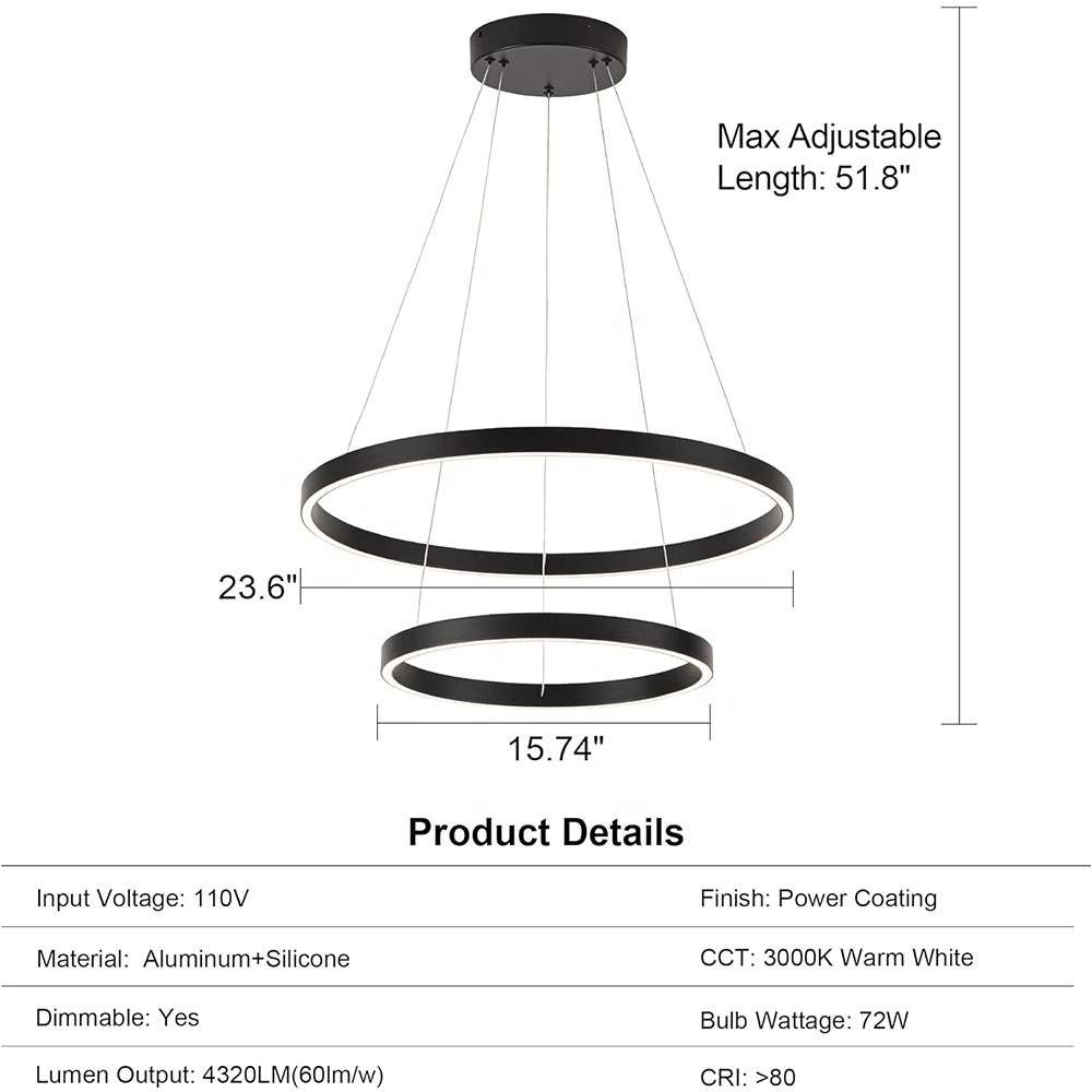 72W Modern Led Chandelier 2 Rings Contemporary Chandelier Circular Pendant Light Black Dimmable Hanging Ceiling Light Fixture