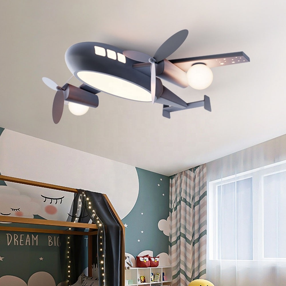 48W Modern Dimmable LED Propeller Airplane Ceiling Lamp Metal Flush Mount Ceiling Light in Stepless Dimming for Kid Bedroom