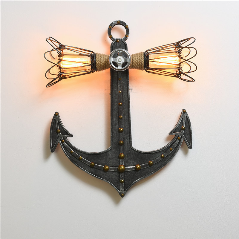 Industrial Vintage Nautical Anchor Sconce Lights Iron 2 Heads Wall Light Fixture with Wooden Base Creative Wall Lamp