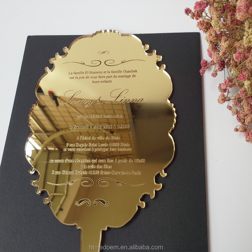 High Quality Handheld Mirror Shaped 123*238mm Laser Engraved Letters Golden Mirror Acrylic Wedding Invitation Card