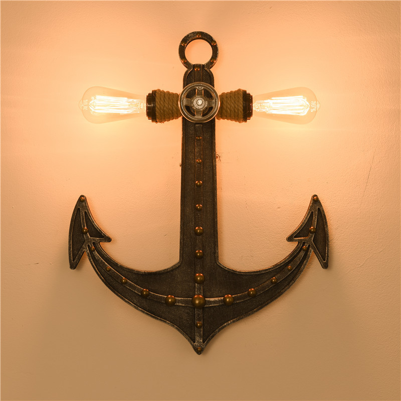 Industrial Vintage Nautical Anchor Sconce Lights Iron 2 Heads Wall Light Fixture with Wooden Base Creative Wall Lamp