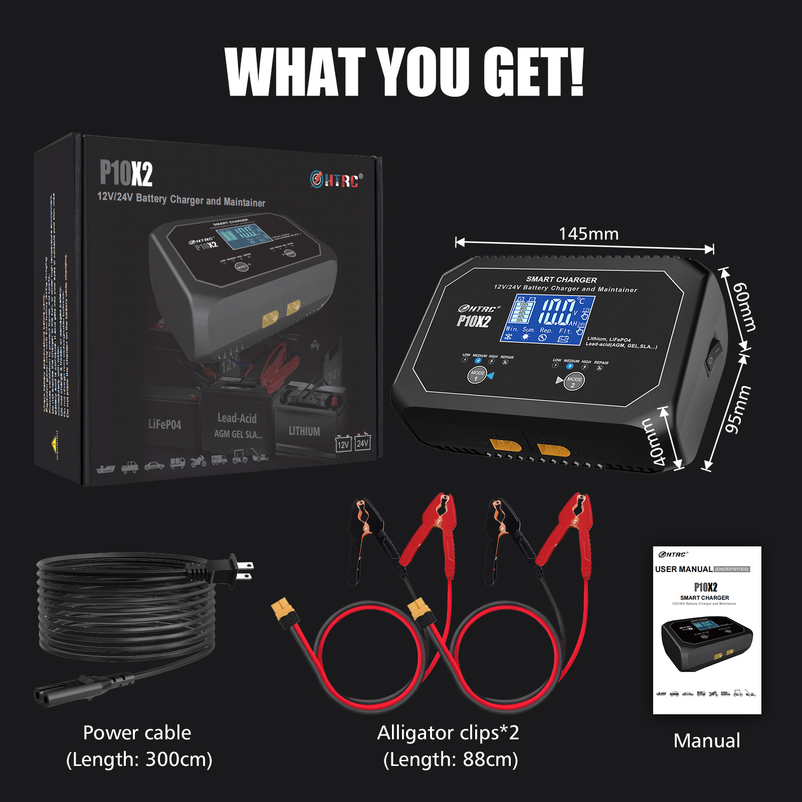 20-Amp (10-Amp Per Bank) Dual Smart Charger,Car Battery Charger,12V and 24V,Lithium,LiFePO4,Lead-Acid(AGM/Gel/SLA..)