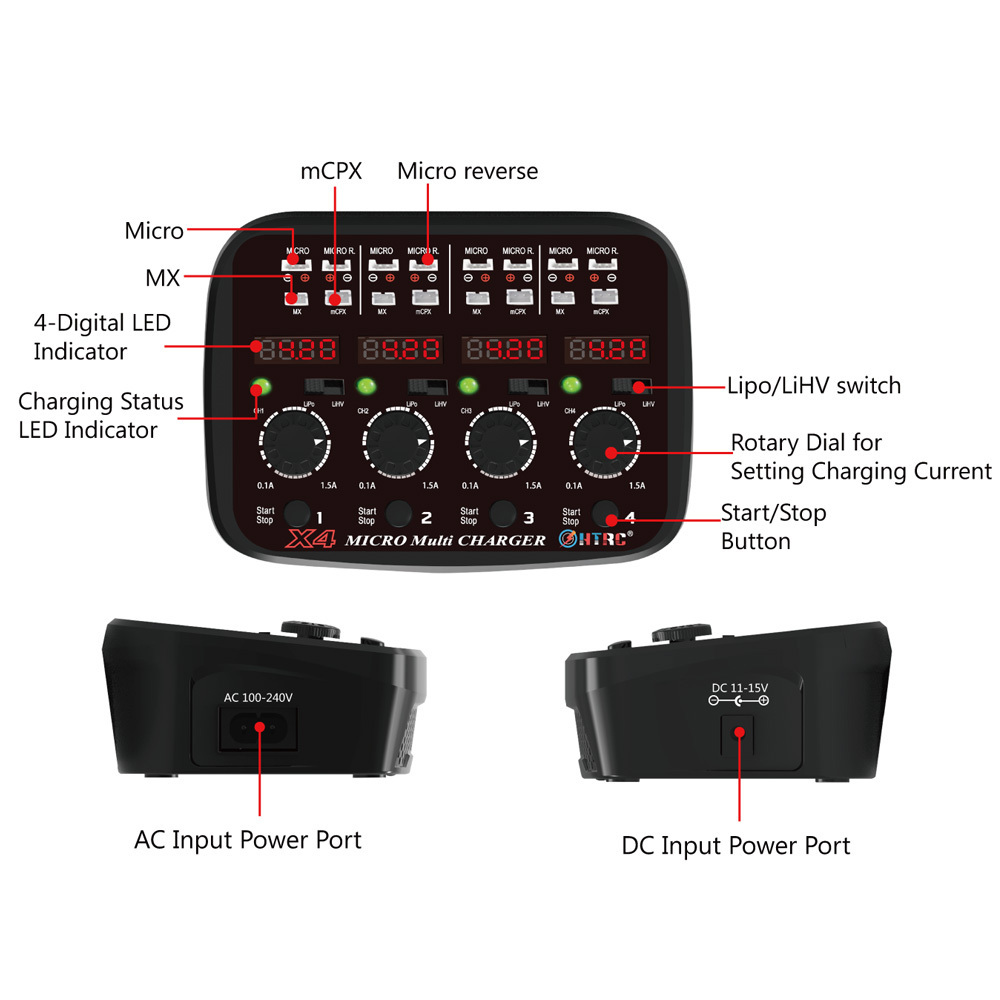 HTRC X4 AC DC 4x1s Quattro 100-240V 24W 1.5A Lipo/Lihv Micro Lipo Battery Balance Charger LED And Audible Sound Indicate