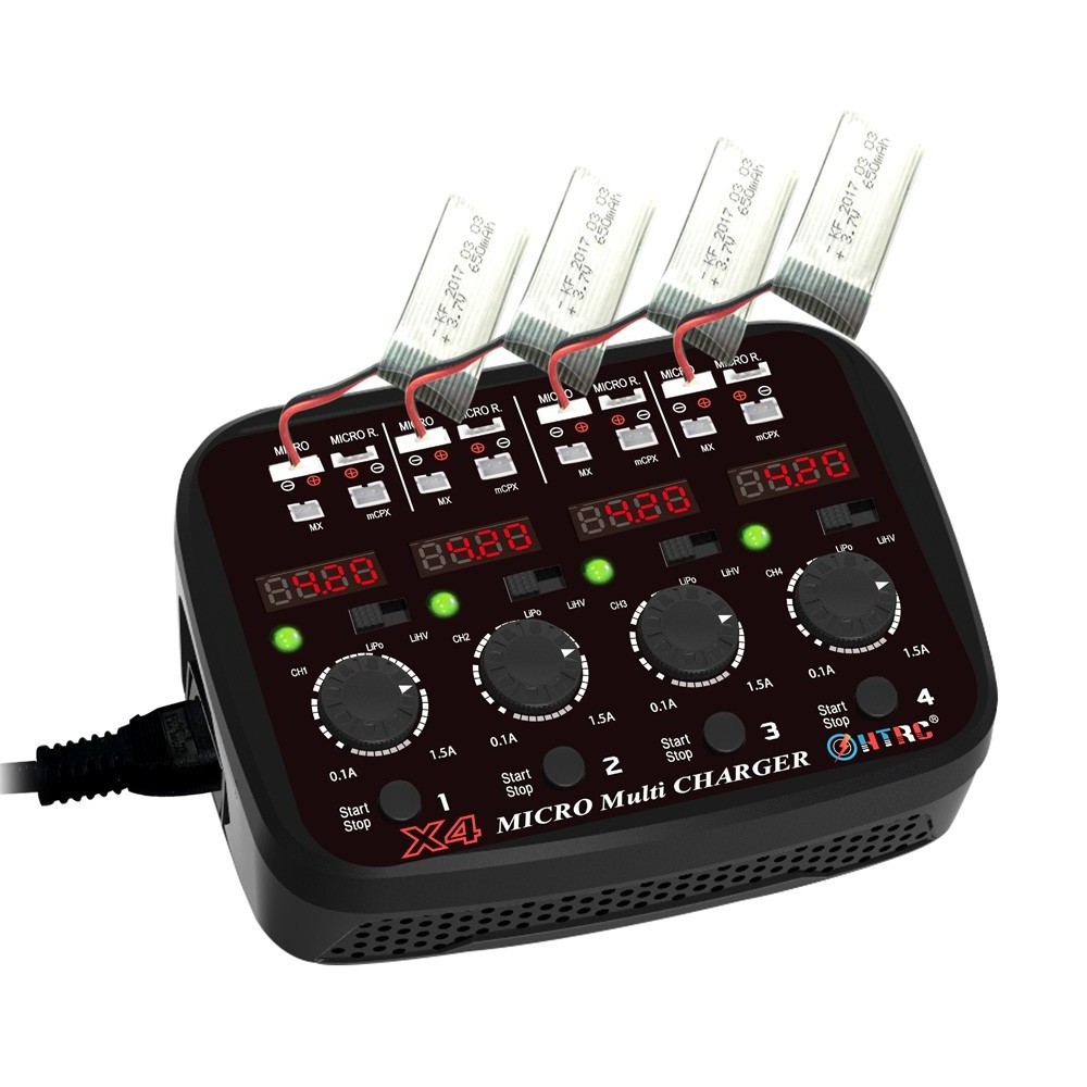 HTRC X4 AC DC 4x1s Quattro 100-240V 24W 1.5A Lipo/Lihv Micro Lipo Battery Balance Charger LED And Audible Sound Indicate