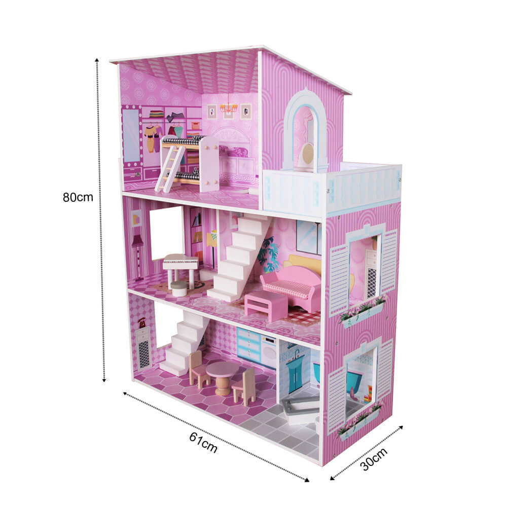 Three Floors Little Girls' Interactive Dolls Wooden Toy Doll House, Educational Wooden Toy Hous DH001, dollhouse for kids