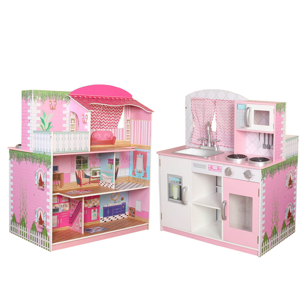 Interesting role play interactive 2 in 1 wood doll house and play kitchen toy set best sale miniature doll house for christmas