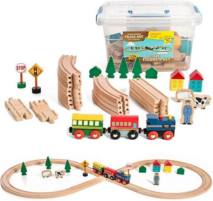 Wooden Train Set Figure 8 Wooden Train Track Set, 35 Piece Deluxe Basic Set, with Magnetic Trains and Railway Accessories