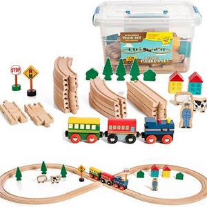 Wooden Train Set Figure 8 Wooden Train Track Set, 35 Piece Deluxe Basic Set, with Magnetic Trains and Railway Accessories