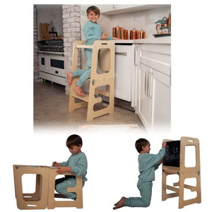 4-in-1 Foldable Kitchen Helper Tower - Toddler Step Stool with Chalkboard, Desk Table and Chair - Kitchen Stool Tower