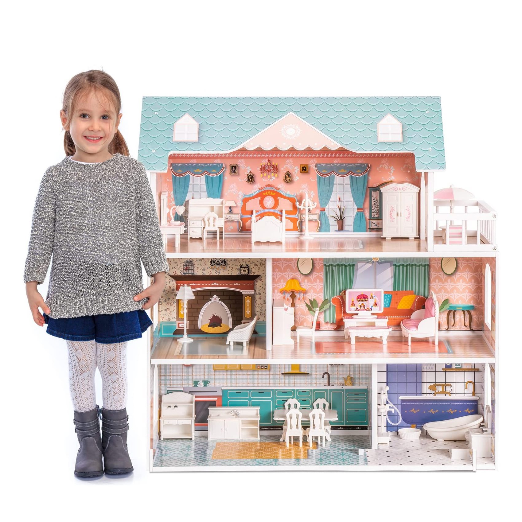 A COZY DREAM HOUSE-Wooden Dollhouse with Furniture, Doll House Play set for Kids , for Ages 3 Years,for wholesale