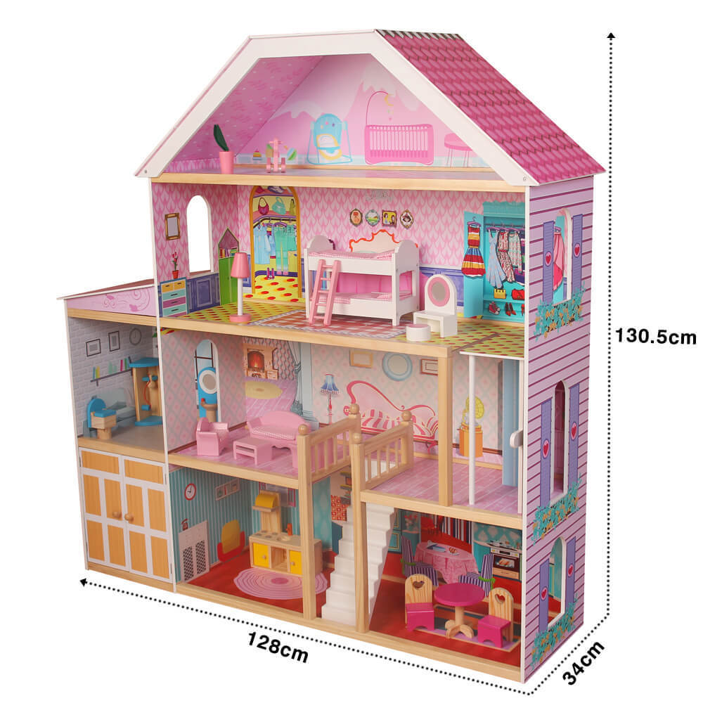 Three Floors Little Girls' Interactive Dolls Wooden Toy Doll House, Educational Wooden Toy Hous DH001, dollhouse for kids