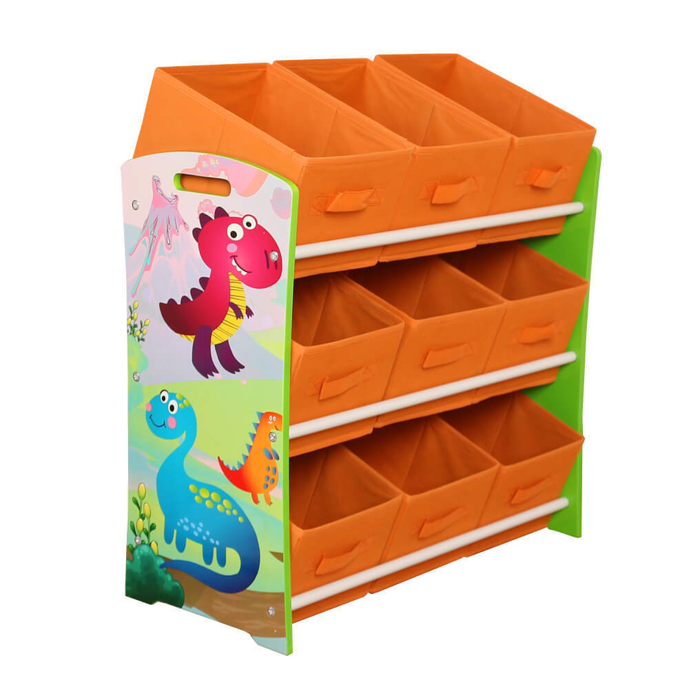 Factory direct sale low MOQ toy shelf dinosaur design toy storage organizer with 9 non woven storage bins toy shelf storage