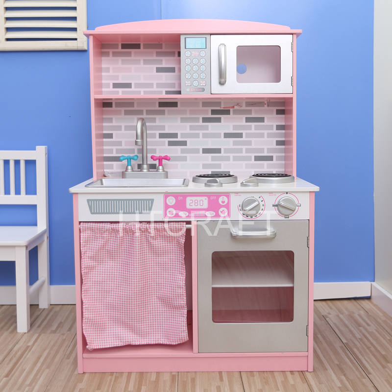 PLK519 Lovely Pink Interactive Girl's Play Kitchen With Plastic Accessories, Easy Assembly Wooden Kids Kitchen Toy Set