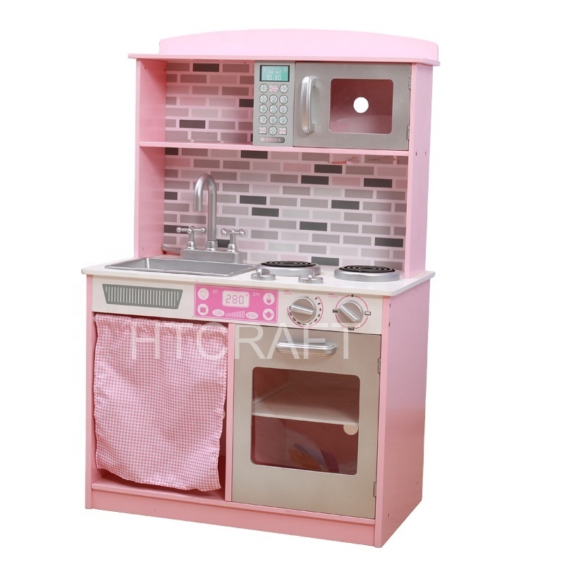 PLK519 Lovely Pink Interactive Girl's Play Kitchen With Plastic Accessories, Easy Assembly Wooden Kids Kitchen Toy Set