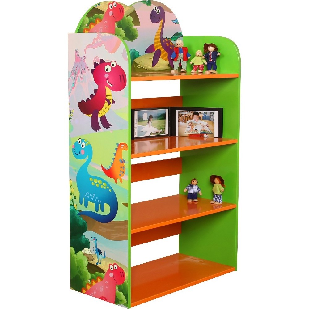 Factory direct sale low MOQ toy shelf dinosaur design toy storage organizer with 9 non woven storage bins toy shelf storage