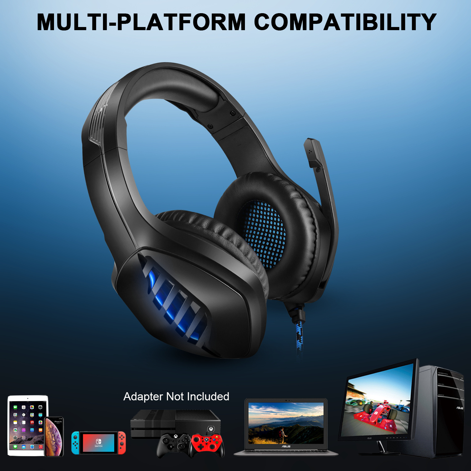 J1 Noise Canceling Gaming Headset Mute Control RGB LED Light 7.1 Surround Sound gamer headphone with mic for PS4 Xbox PC