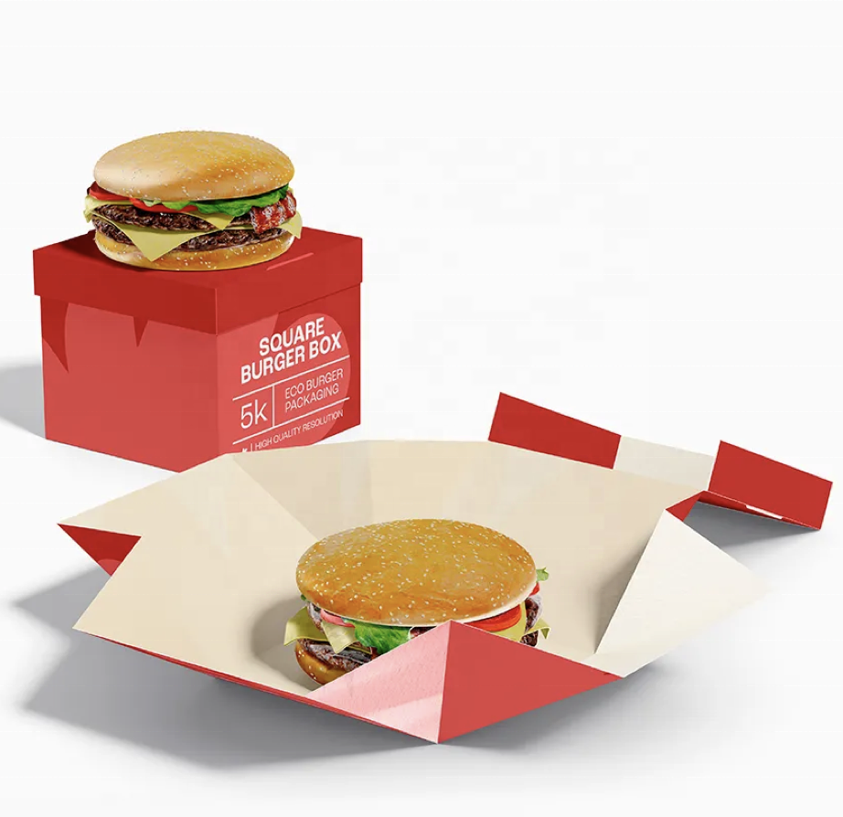 Food Grade Takeaway Cardboard Disposable Kraft Paper Hamburger Custom Burger Box Packaging