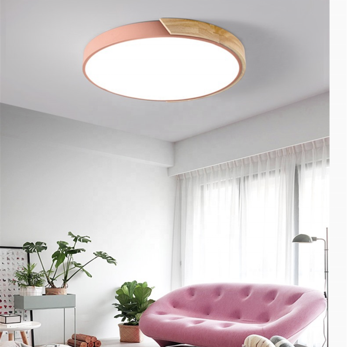 HITECDAD Hot Sale Pink Yellow White Metal Wooden Acrylic Stepless Dimming Ceiling Light for Children's room Livingroom Bedroom