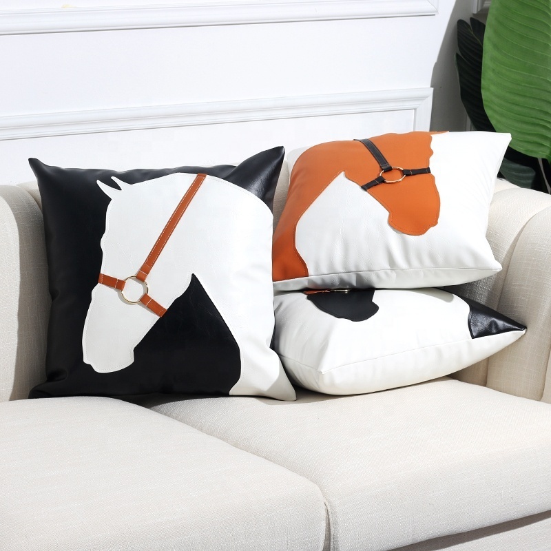 Faux Leather Throw Pillow with Horse's Head Nordic Cushion Cover for Home Decor Luxury Pillowcase for Couch Chair Sofa