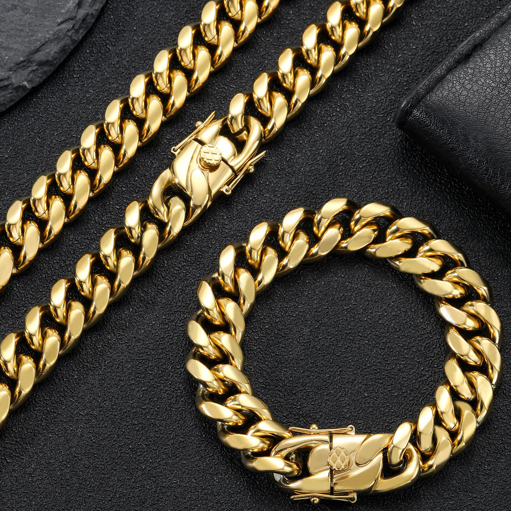 8MM Gold Plated Stainless Steel Collier Set Men's Hip Hop Style Link Chain Necklace Spring Buckle Cuban Ground Encrypted Link