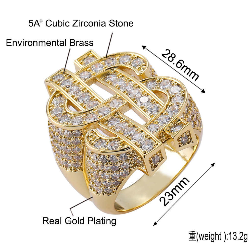 Full Diamond Dollar symbol Finger Ring for Men Iced out with Real Gold Plating Hip Hop Big Size ring jewellery